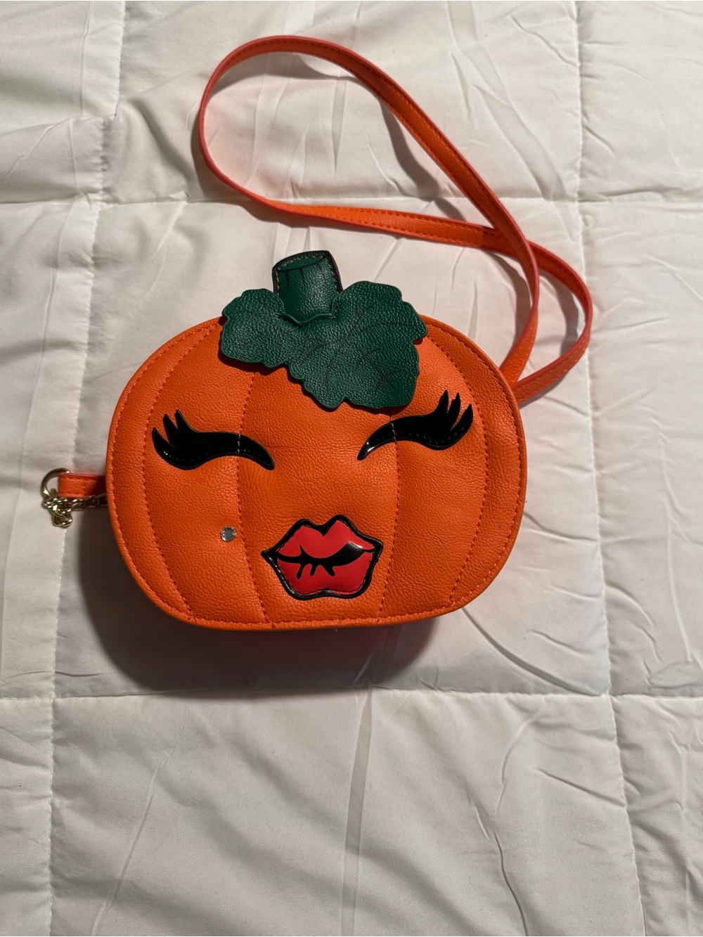 Betsey Johnson Orange Pumpkin Face Crossbody with Green Leaf Accent